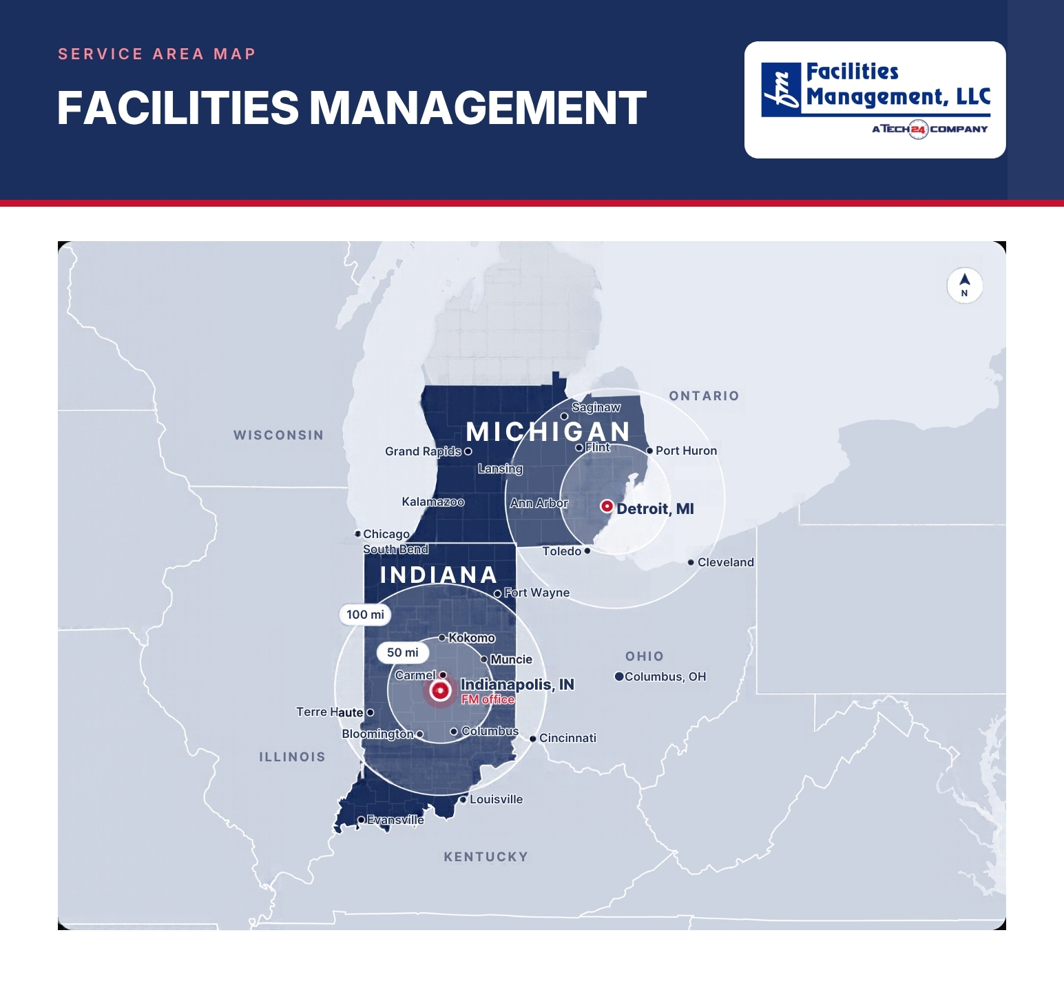 Facilities Management service area map covering Indiana and lower Michigan, with 50- and 100-mile radius rings around the Indianapolis, IN office and a coverage ring around Detroit, MI